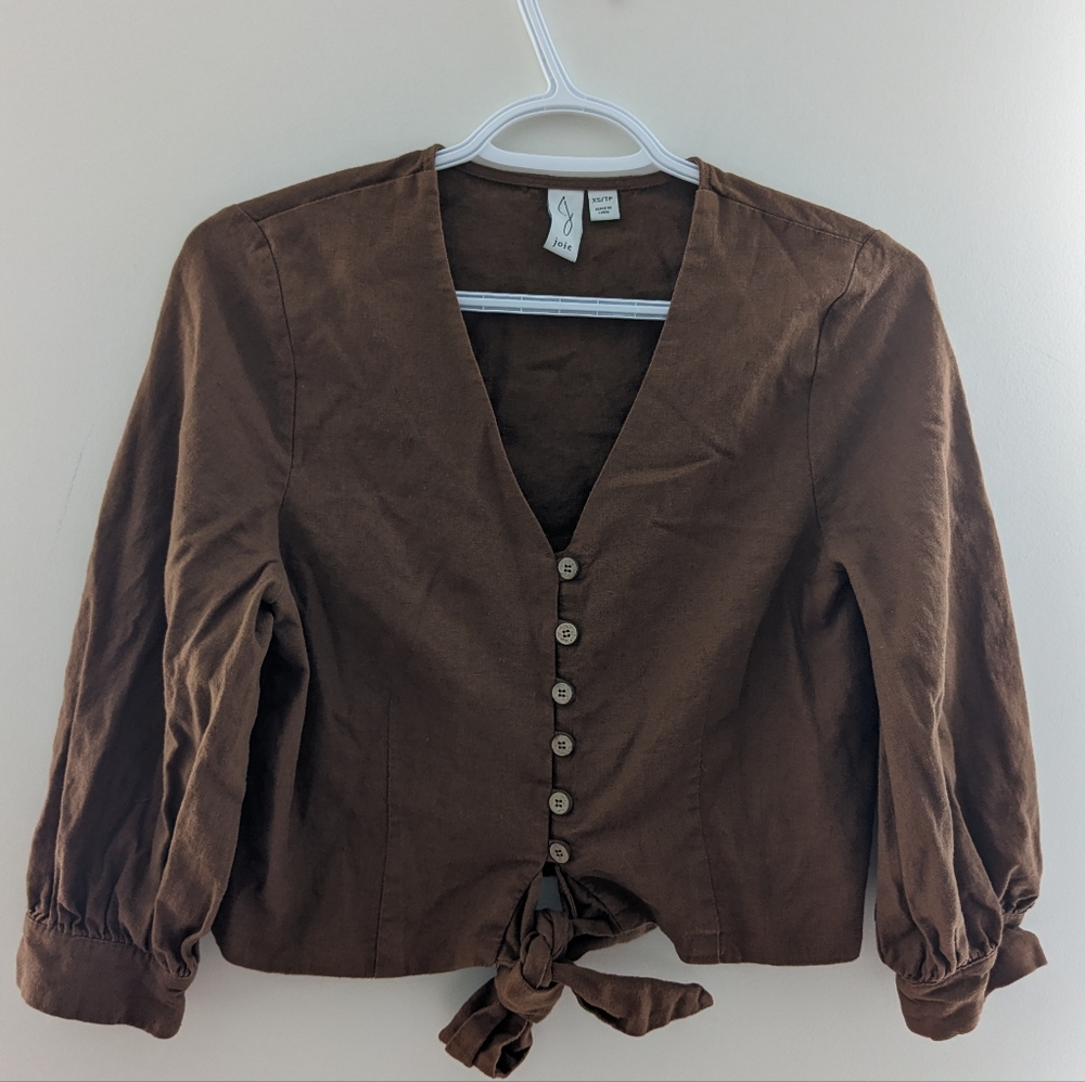 Joie Linen Blend Cropped Button Down Brown V Neck Front Tie Shirt Size XS